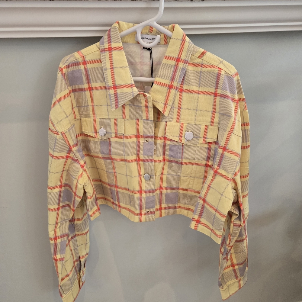 WeWoreWhat Plaid Cropped Denim Jacket in Yellow, Orange, Lilac Size M/L NWT